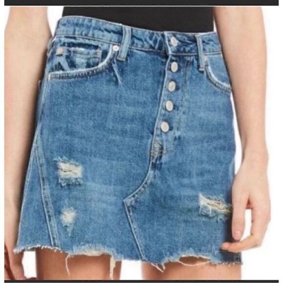 Free People We The Free denim Mini Jean skirt Distressed Button Fly Size 25 - Picture 1 of 11